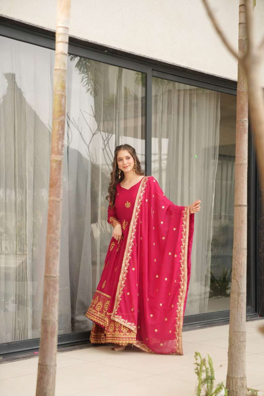 Womenโs Ethnic Anarkali Style Floor-Length Gown in Magenta with Golden Zari Embroidery โ Festive & Wedding Wear - Image 2